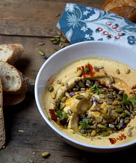 Pumpkin Hummus with Pomegranate Molasses and Sunflower Seeds