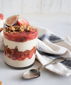 Tahini-Yogurt Mousse Parfaits with Fig and Strawberry Olive Oil Compote