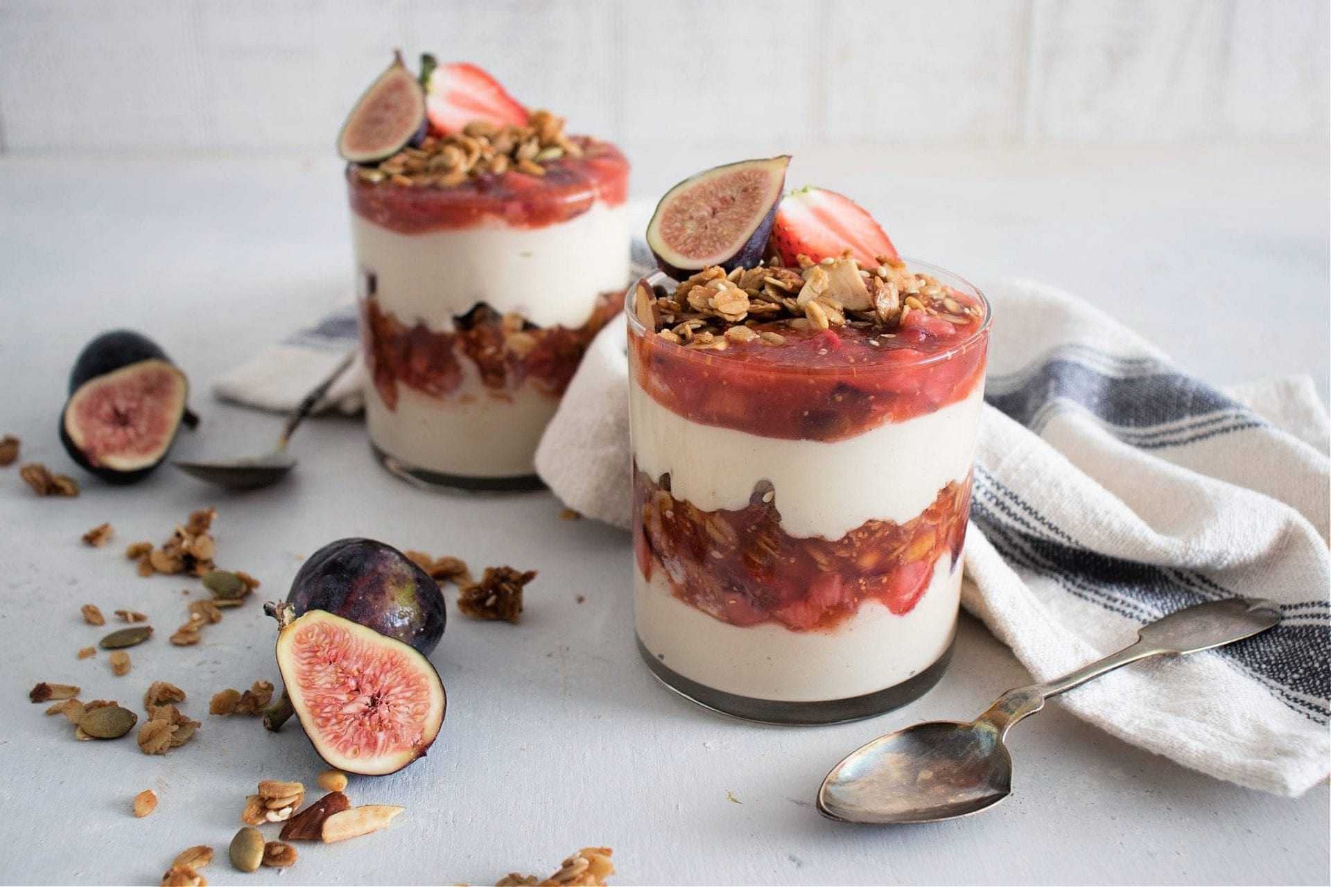 Tahini-Yogurt Mousse Parfaits with Fig and Strawberry Olive Oil Compote