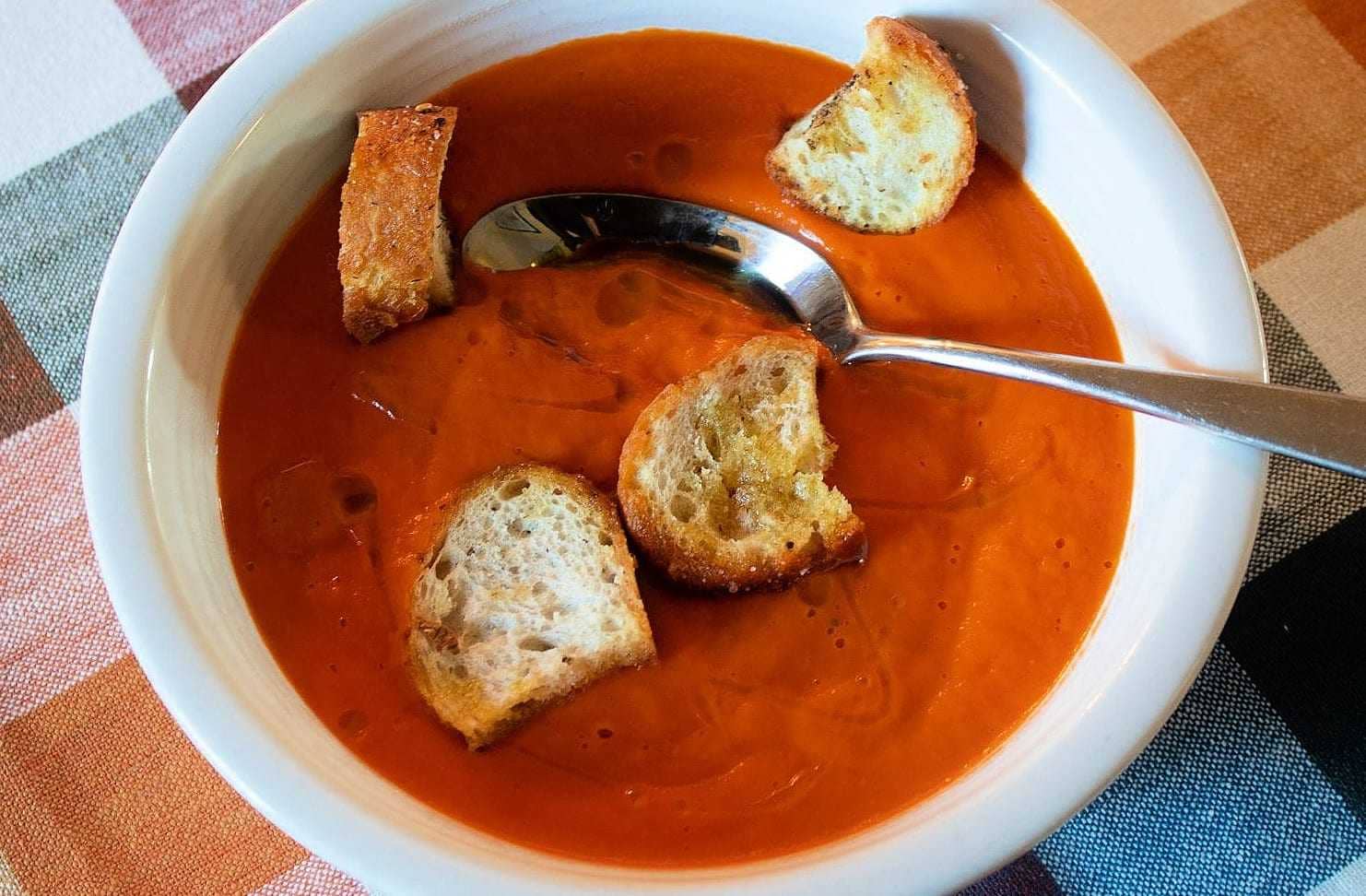 Sweet Potato and Tomato Soup with Olive Oil and Za'atar Croutons