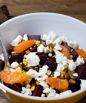 Roasted Beet Salad with Sweet Corn, Goat Cheese, and Pistachios