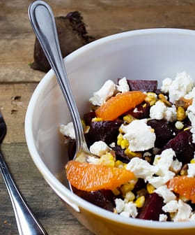 Roasted Beet Salad with Sweet Corn, Goat Cheese, and Pistachios