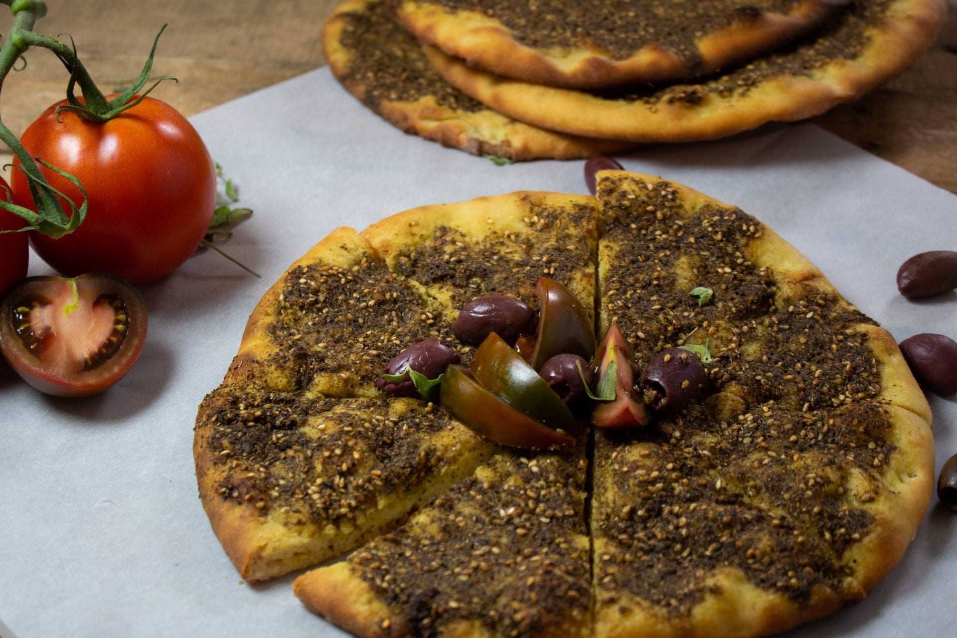 Za'atar and Olive Oil Flatbread with Tomatoes and Olives