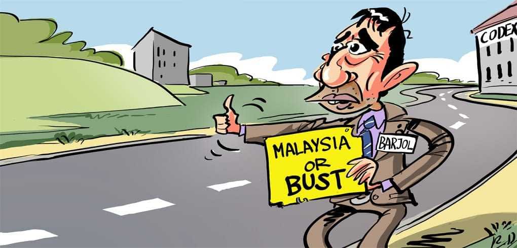 Cartoon illustration of a man hitchhiking with a sign that reads 'Malaysia or Bust'. - Olive Oil Times