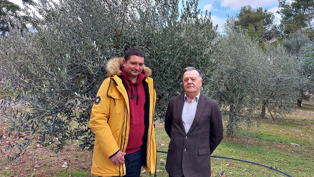 Dos hombres posando para una foto en un olivar con olivos al fondo. - Olive Oil Times