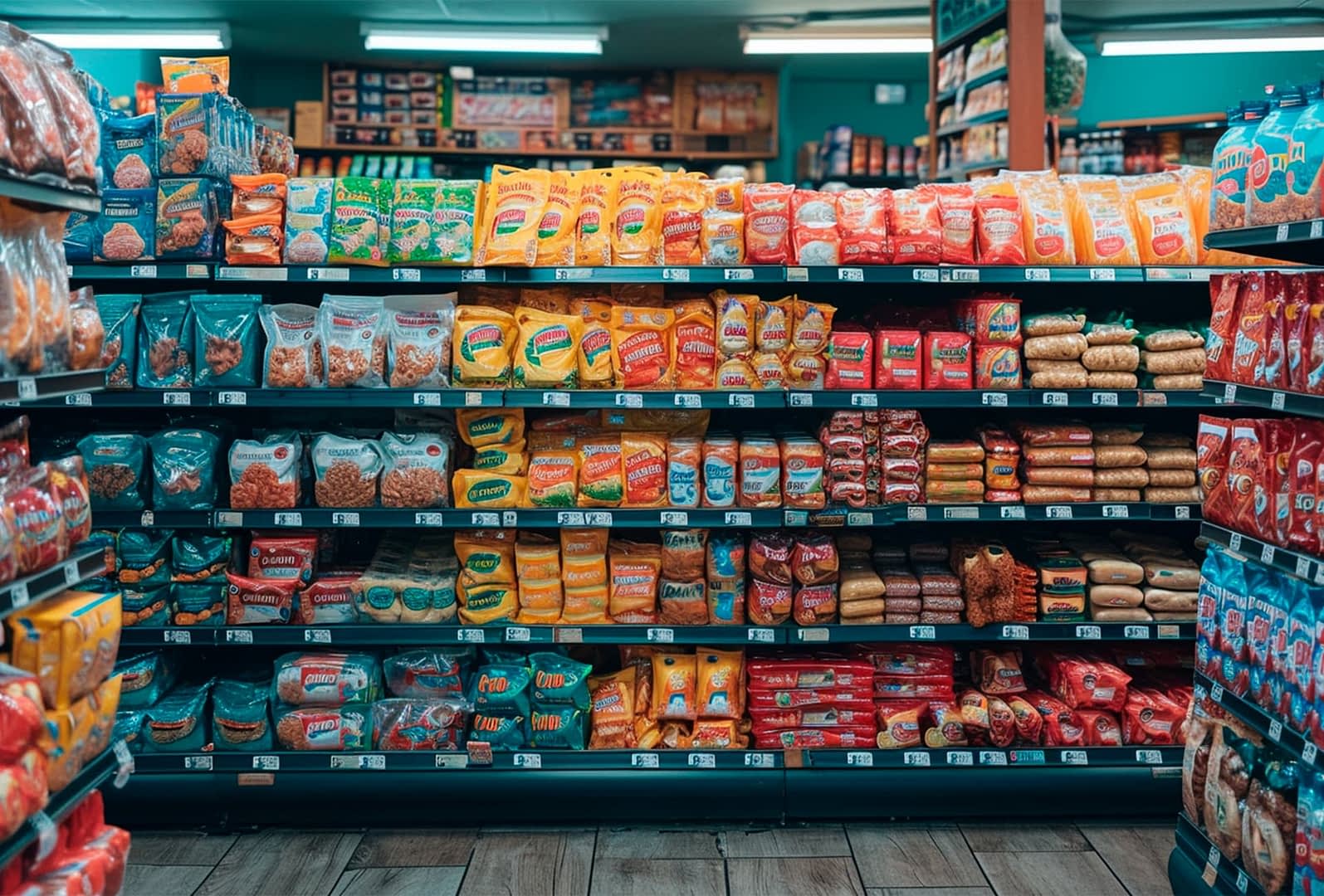 A grocery store aisle displaying various packaged food items on shelves. - Olive Oil Times