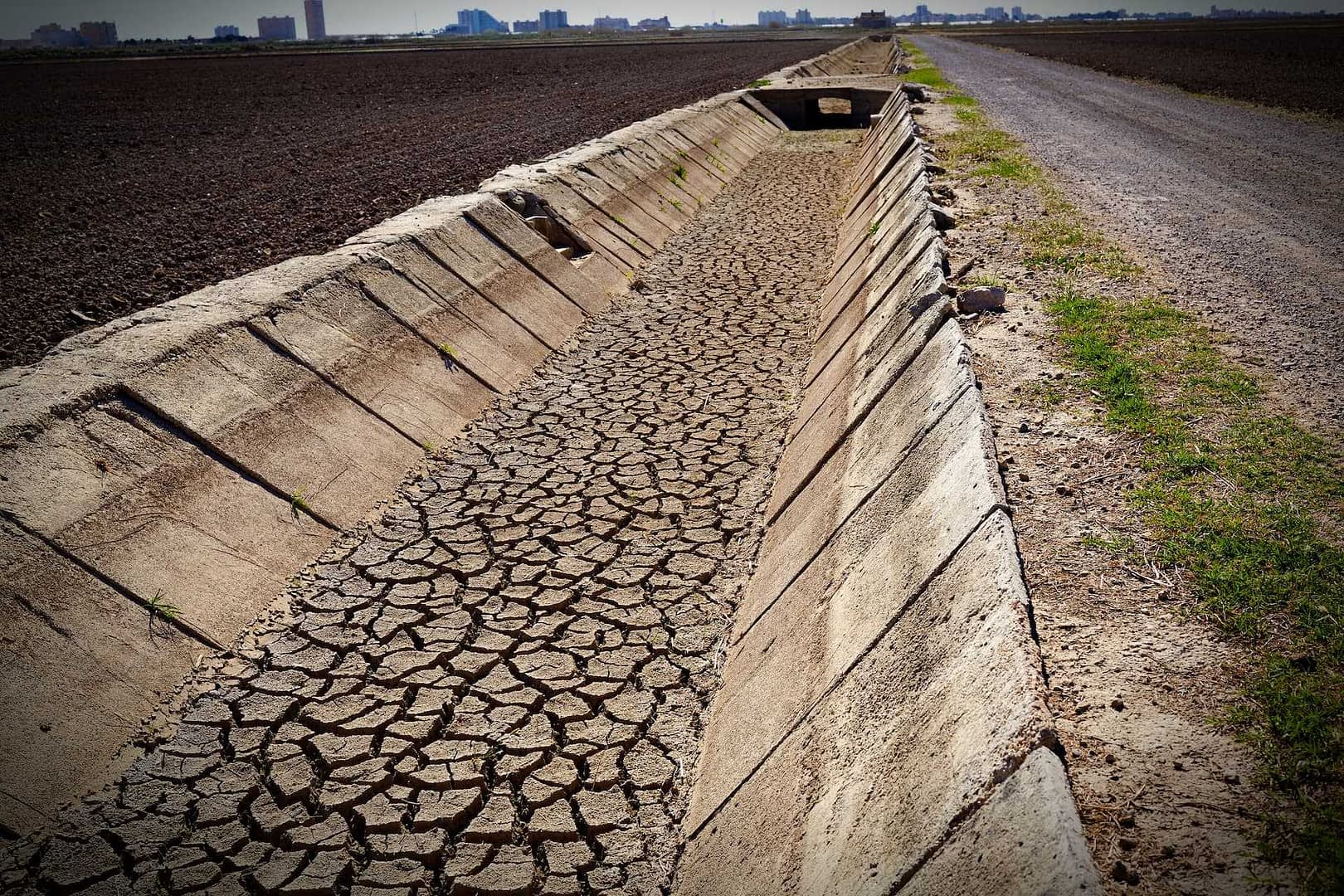 Canal d'irrigation sec fissuré longeant une route de gravier dans une zone agricole. - Olive Oil Times