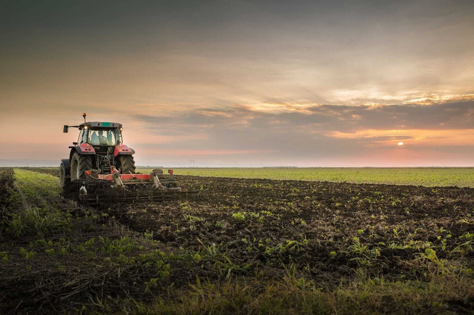 Red tractor plowing a field during sunset with a cloudy sky in the background. - Olive Oil Times