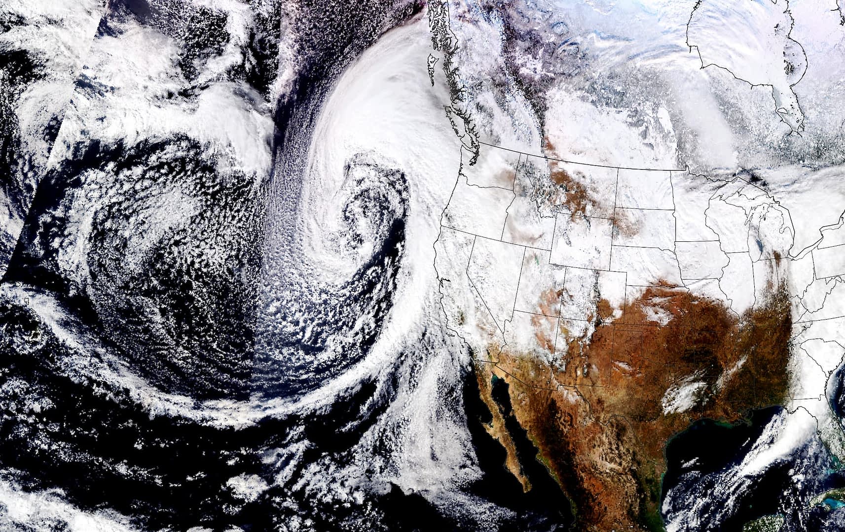 Satellite image showing a weather system swirling off the west coast of North America with cloud formations. - Olive Oil Times