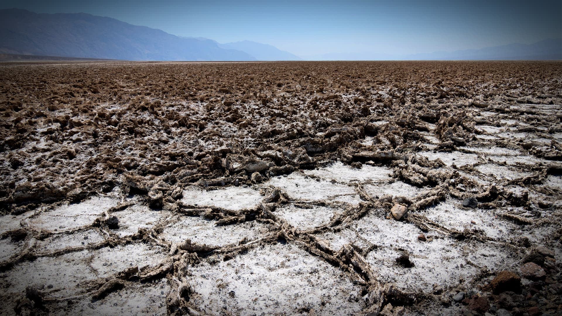 Salars secs et fissurés avec un paysage aride et des montagnes lointaines en arrière-plan. - Olive Oil Times