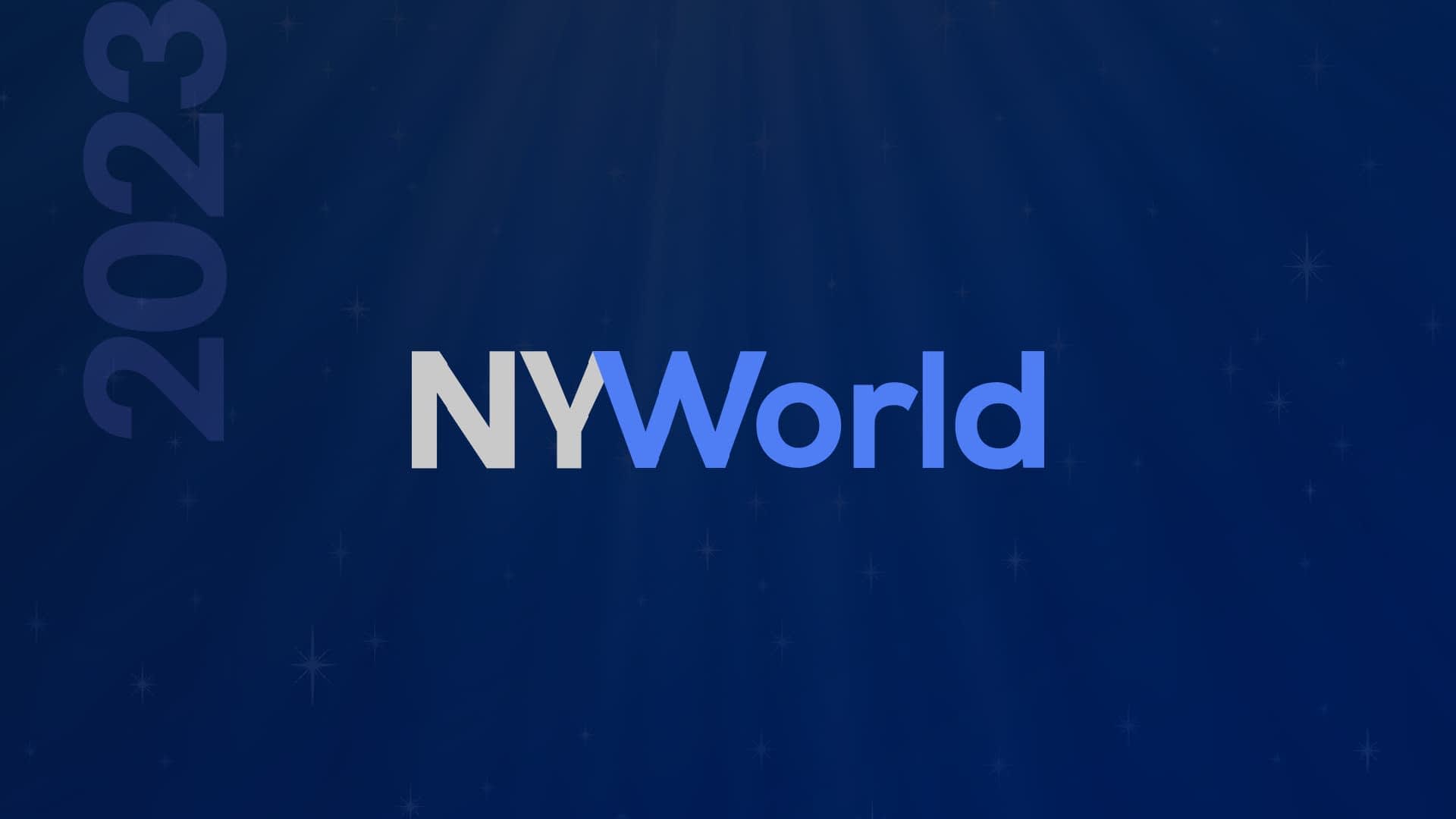 NYWorld 2023 के लिए नीले रंग की पृष्ठभूमि पर स्टाइलिश टेक्स्ट के साथ लोगो डिज़ाइन। - Olive Oil Times