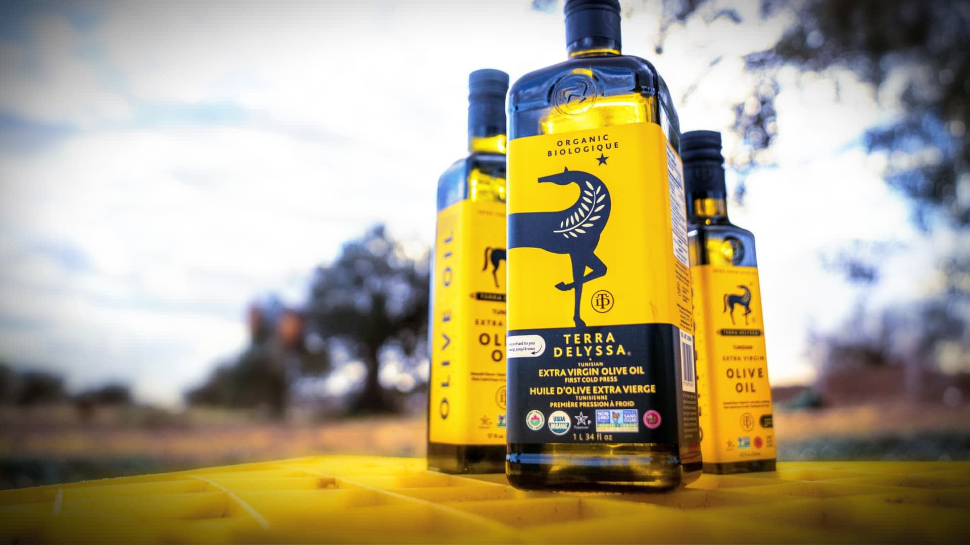 Drie flessen biologische extra vierge olijfolie van Terra Delyssa met een geel etiket met een paardenlogo. Olive Oil Times