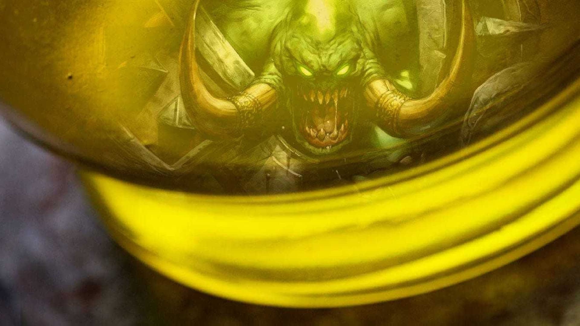Bližnji posnetek kozarca z zeleno tekočino z ilustracijo demona v notranjosti. - Olive Oil Times