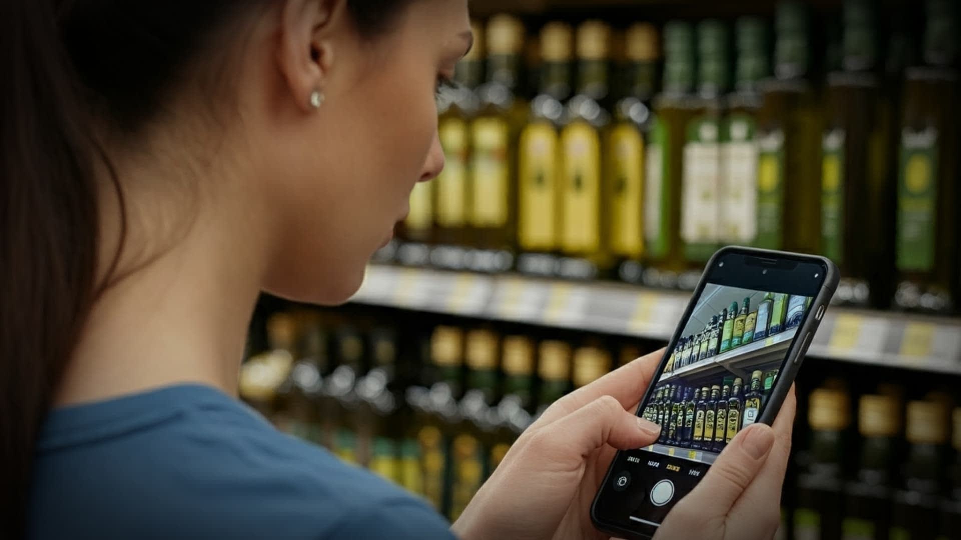 Eine Frau fotografiert in einem Geschäft mit einem Smartphone Olivenölflaschen auf einem Regal. - Olive Oil Times