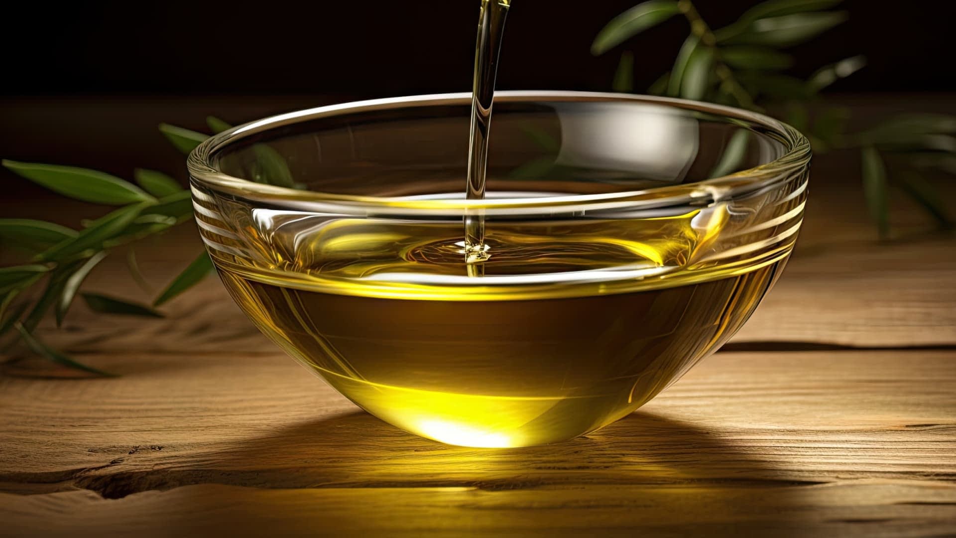 Un recipiente de vidrio transparente lleno de aceite de oliva, con ramas de olivo colocadas cerca sobre una superficie de madera. Olive Oil Times