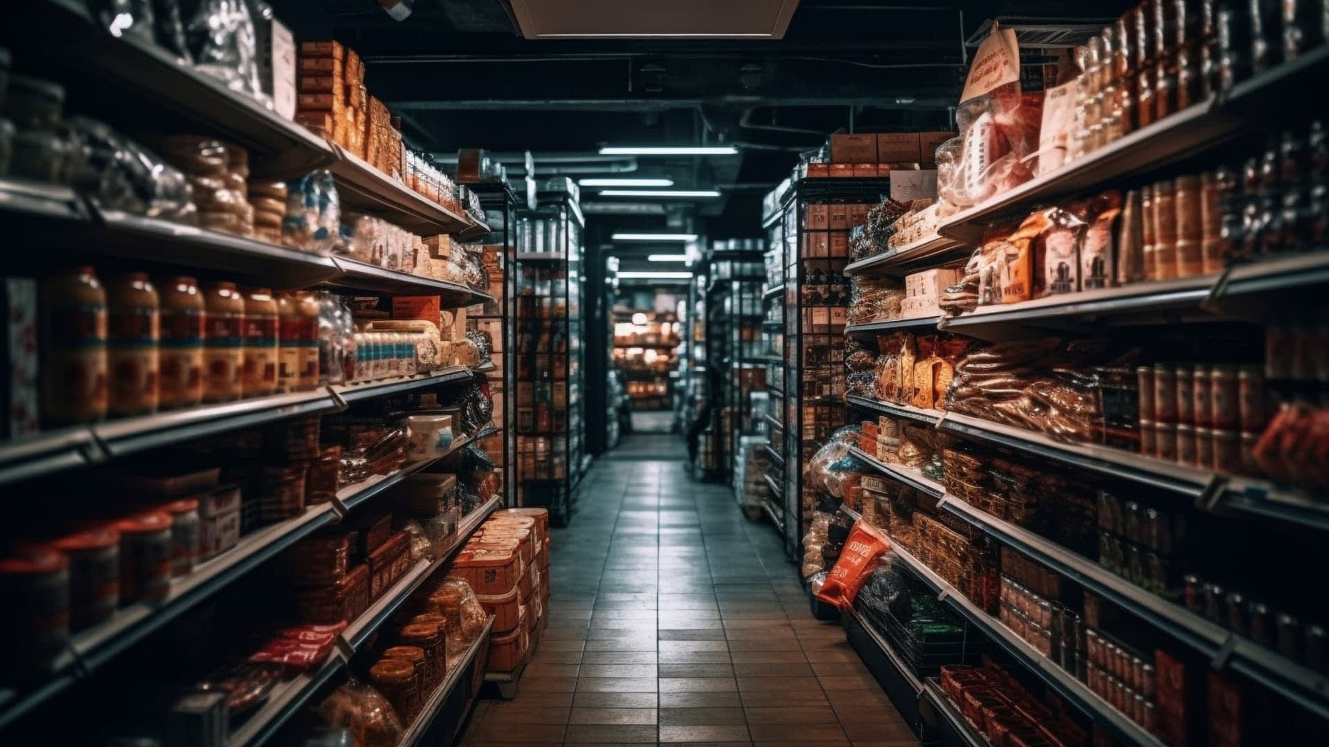 雜貨店的走道兩旁排列著貨架，貨架上擺滿了各種包裝食品和調味品。 - Olive Oil Times