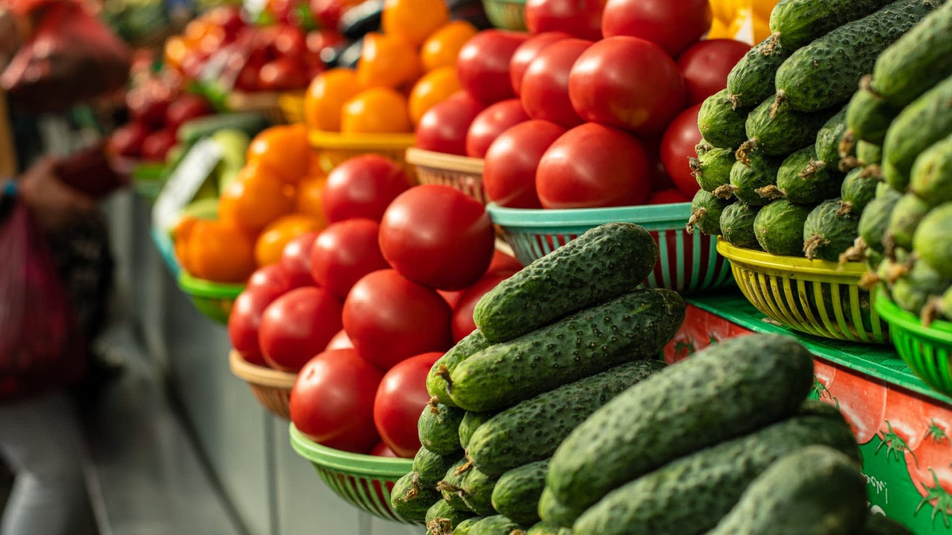 Mandjes met komkommers en tomaten, gerangschikt in een marktomgeving met felle kleuren. Olive Oil Times
