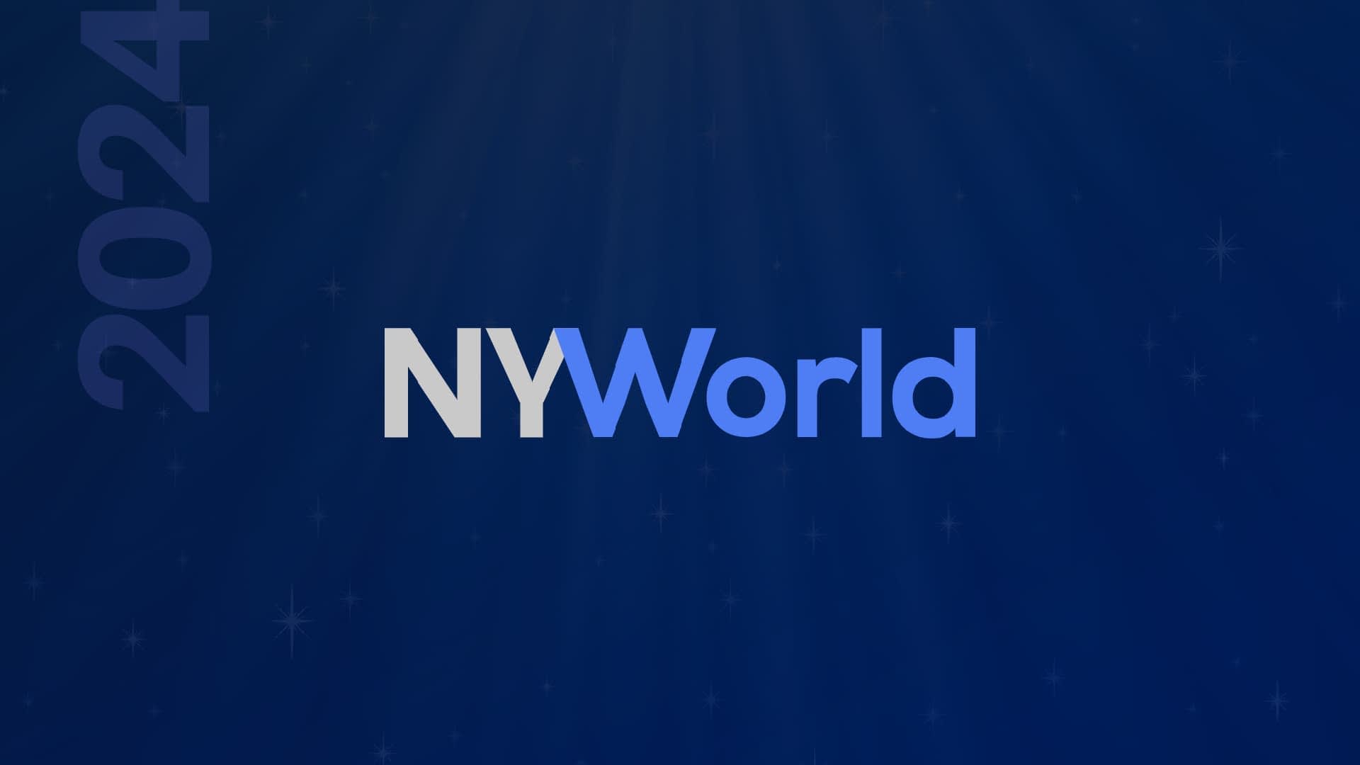 Mavi bir arka plan üzerinde stilize bir yazı tipiyle 'NYWorld' metnini içeren NYWorld 2024 için logo tasarımı. - Olive Oil Times
