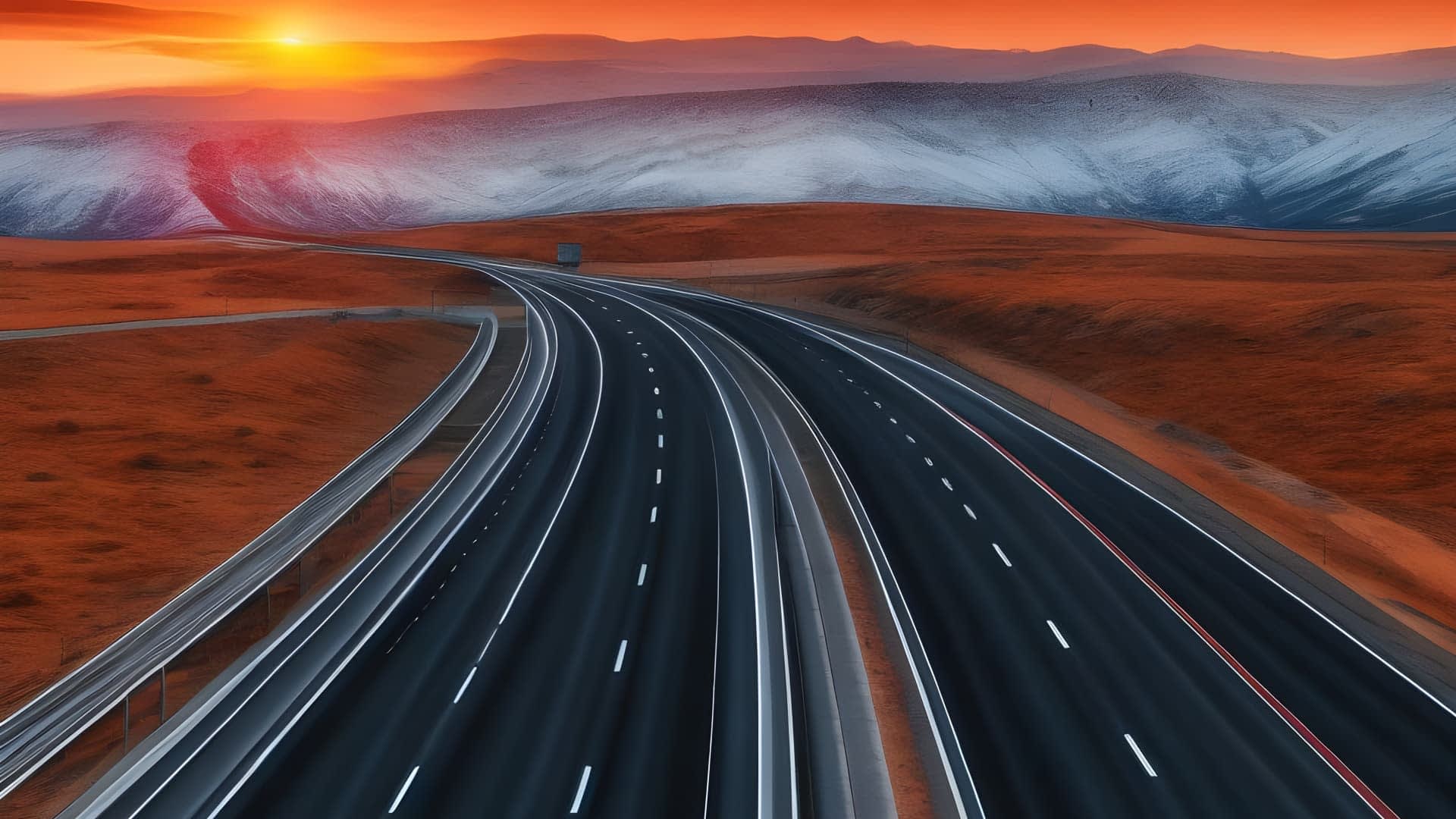 Una carretera que serpentea a través de un paisaje montañoso durante el atardecer con tonos naranjas y púrpuras en el cielo. Olive Oil Times