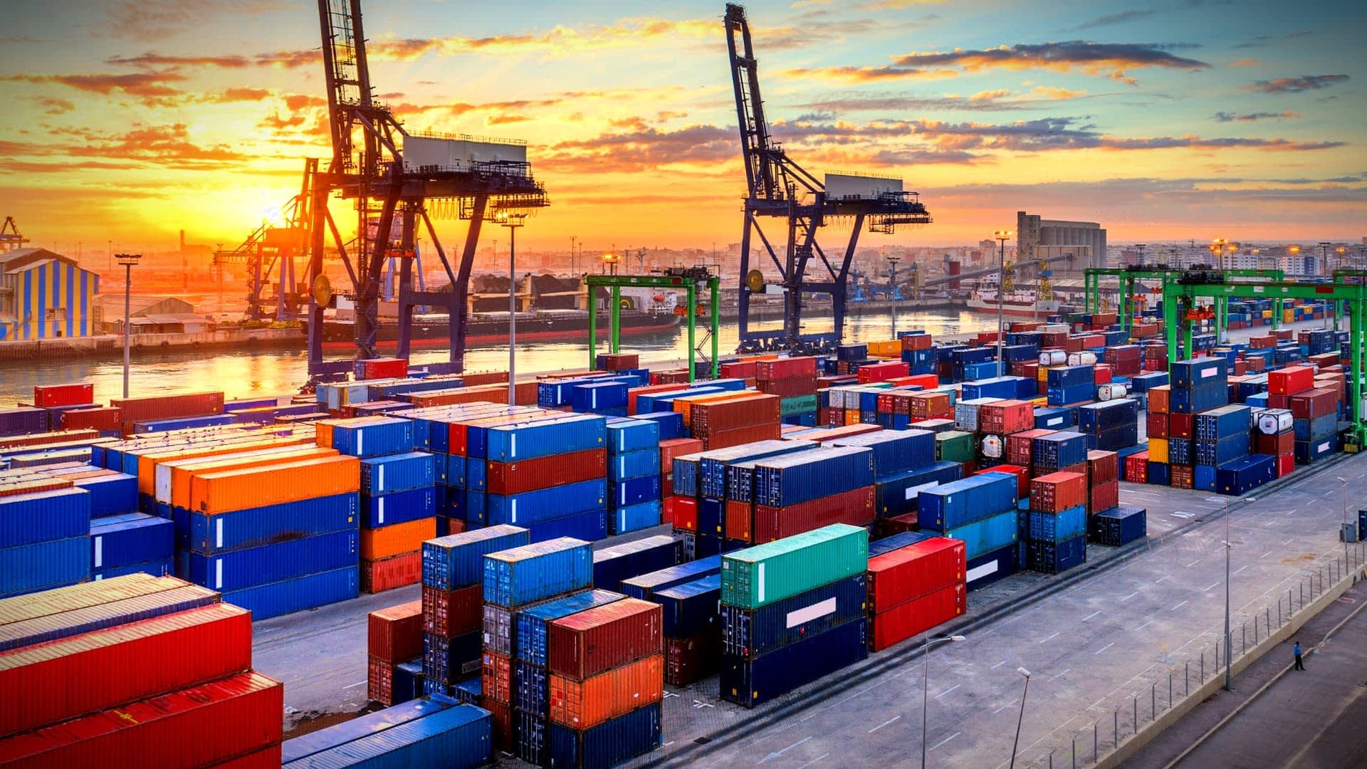 Colorful shipping containers stacked at a port with cranes in the background during sunset. - Olive Oil Times