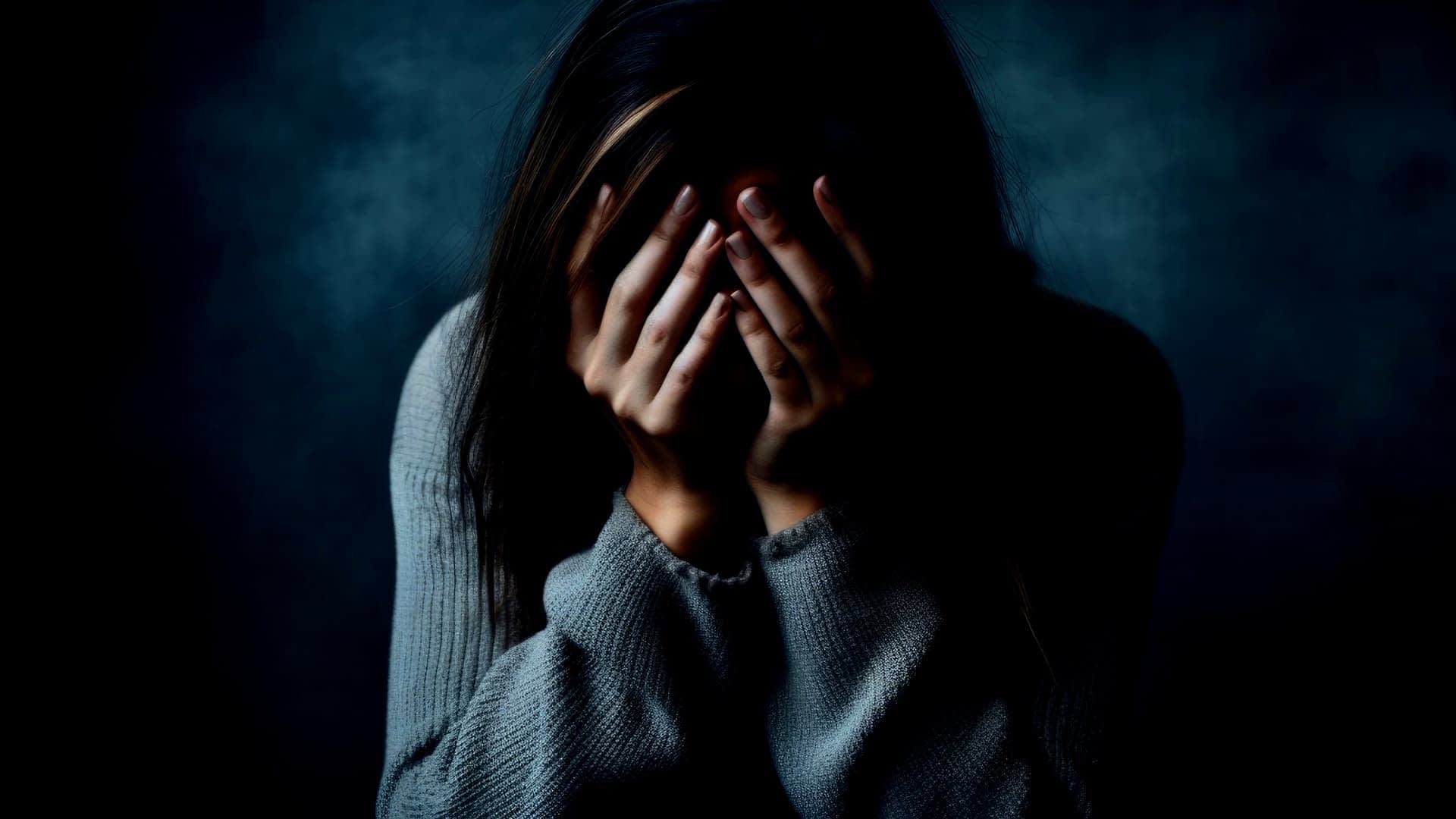 Individual with long dark hair covering their face with hands, wearing a gray sweater against a dark background. - Olive Oil Times