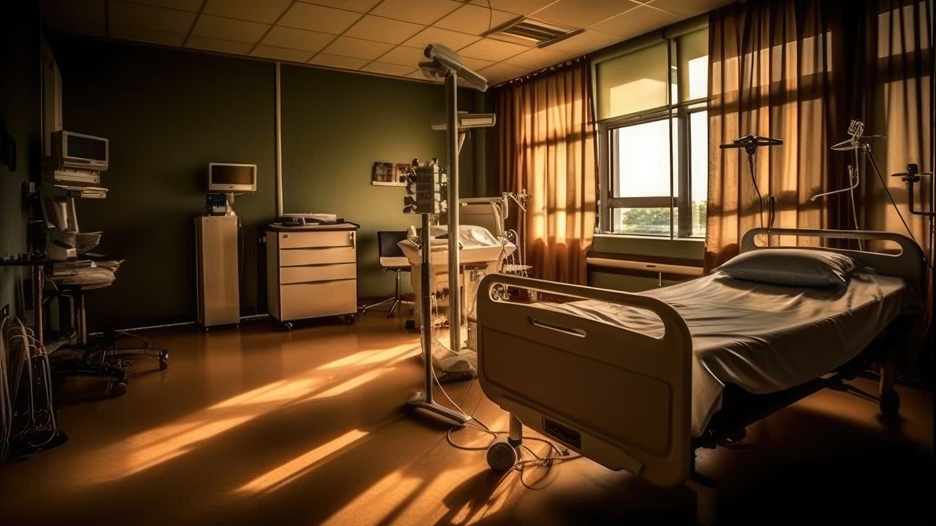 A hospital patient room featuring a bed, medical equipment, and natural light streaming through the windows. - Olive Oil Times