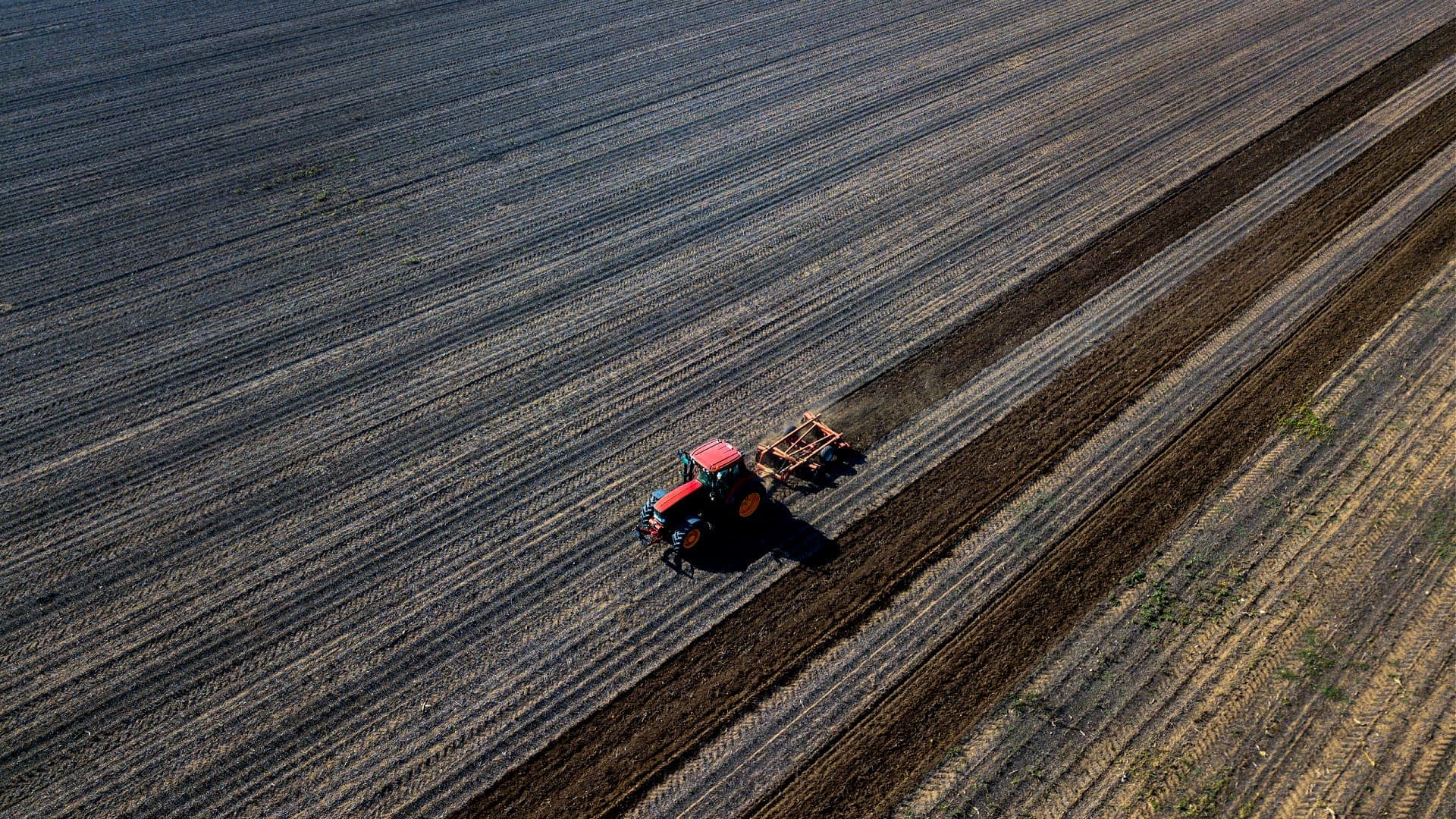Red tractor tilling soil in a large agricultural field with distinct rows. - Olive Oil Times