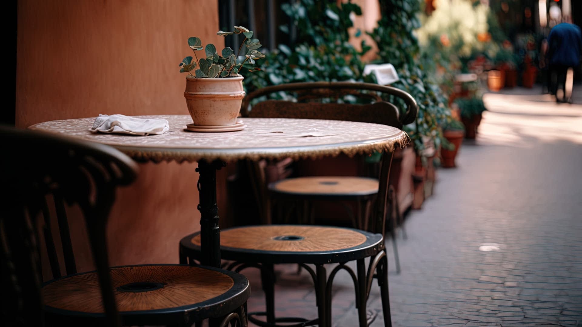 A round table with a potted plant and three chairs in a narrow outdoor setting. - Olive Oil Times