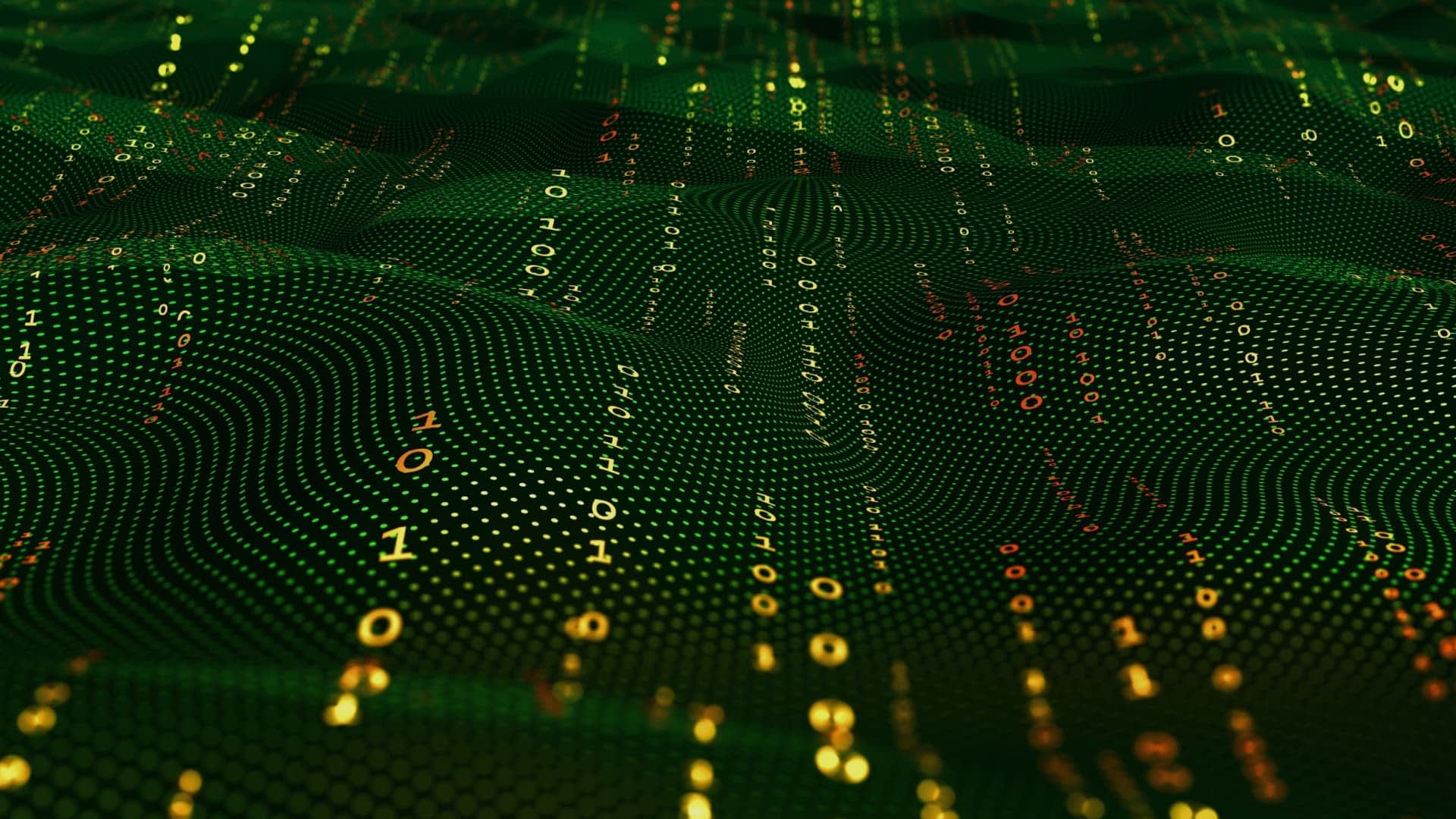 Abstract representation of green binary code with flowing patterns and numbers in a digital landscape. - Olive Oil Times