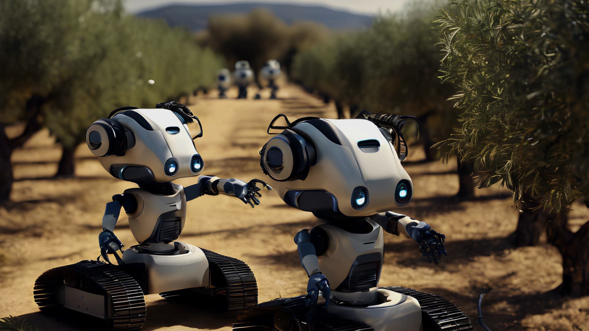 Two small robotic harvesters with cameras and tracks in an olive grove. - Olive Oil Times