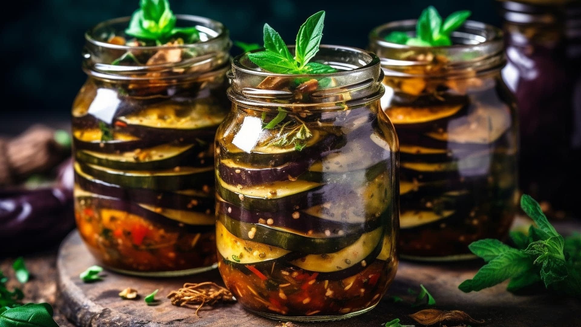 Three jars filled with layers of pickled eggplant slices and herbs in a clear brine. - Olive Oil Times