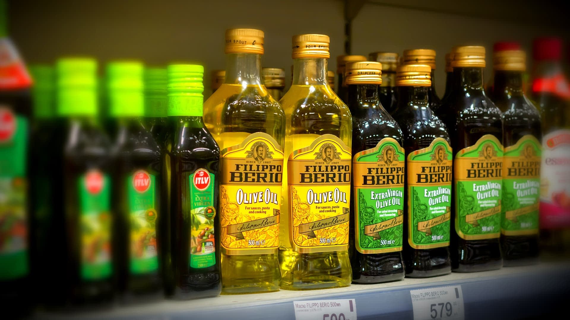 Filippo Berio olive oils on a supermarket shelf
