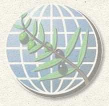 Emblem featuring an olive branch and globe design with green leaves and dark olives. - Olive Oil Times