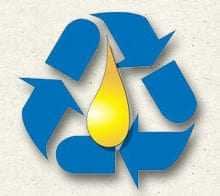 Recycling symbol in blue with a yellow drop representing olive oil at the center. - Olive Oil Times