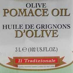 Label of olive pomace oil bottle indicating volume and brand information. - Olive Oil Times