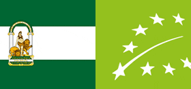 Flag of Andalusia alongside the European Union organic certification logo. - Olive Oil Times
