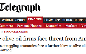 Header of The Telegraph article discussing threats to Eurozone olive oil firms from America. - Olive Oil Times