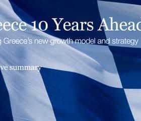 Flag of Greece with text 'Greece 10 Years Ahead' and subtitle about growth model and strategy. - Olive Oil Times