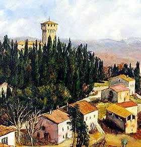 Aerial view of Castello del Trebbio surrounded by trees and buildings in a hilly landscape. - Olive Oil Times