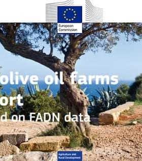 Cover of the EU olive oil farms report featuring an olive tree and text about FADN data. - Olive Oil Times