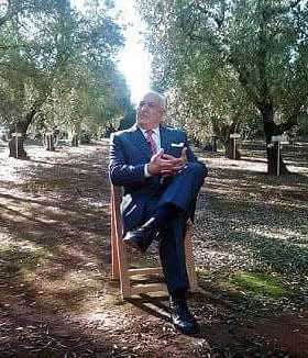 A man in a suit sitting on a wooden chair in an olive grove surrounded by trees. - Olive Oil Times