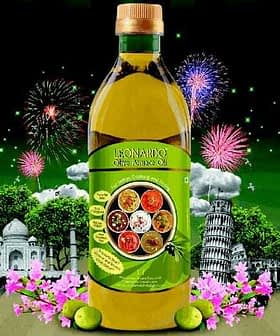 Bottle of Leonardo Olive Pomace Oil with a green label and various food images on it. - Olive Oil Times