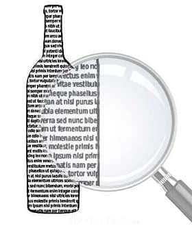 Silhouette of a wine bottle filled with text and a magnifying glass beside it. - Olive Oil Times