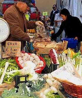 A vendor weighing vegetables at a market stall with various fresh produce displayed. - Olive Oil Times