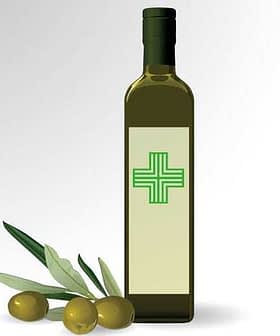 Olive oil bottle with a green cross symbol and olives beside it. - Olive Oil Times