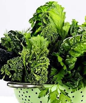A colander filled with various green leafy vegetables including kale, spinach, and herbs. - Olive Oil Times