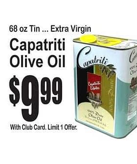 68 oz tin of Capatriti Extra Virgin Olive Oil with a yellow cap and price tag. - Olive Oil Times