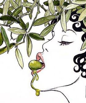 Artistic illustration of a woman with curly hair eating an olive, with olive branches above her. - Olive Oil Times