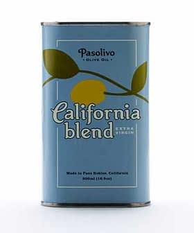 Blue can of Pasolivo California Blend Extra Virgin Olive Oil with a lemon graphic. - Olive Oil Times
