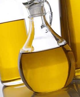 Glass cruet filled with olive oil, surrounded by two additional bottles of oil. - Olive Oil Times